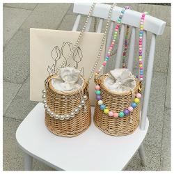 Summer beach rattan straw basket hand bag woven crossbody colorful beaded pearl chain bag 2024
