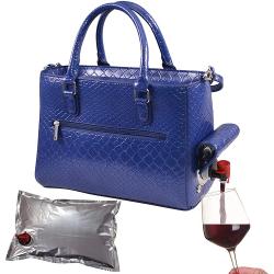 Blue PU leather top handle Outdoors Carry Wine  Beach Tote hand Bag With Insulated Picnic Cooler pouch