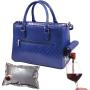 Blue PU leather top handle Outdoors Carry Wine  Beach Tote hand Bag With Insulated Picnic Cooler pouch
