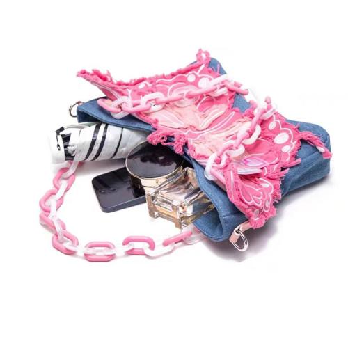 New Mini Canvas Denim Color Contrast Niche Design Women's Bag Butterfly Tote Bag Chain Bag