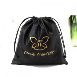 Custom Logo Printed Black Color Satin Drawstring Hair Packaging Extension Bag Soft Satin Silk Dust Underwear Pouch