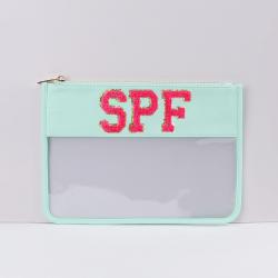 Keymay Custom Gift Low MOQ Sew Embroidery Chenille Varsity Letter Transparent Bags Design Travel Makeup Bag Clear Cosmetic Bag