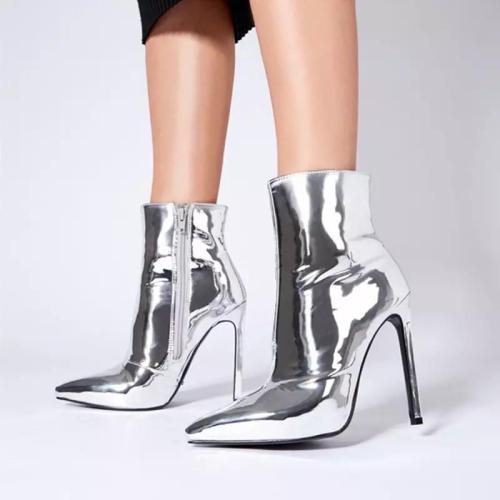 Banquet Botas Ladies Mirror Leather Boots Plus Size Pointy Toe Stiletto Heel Sexy Short Boots Women Metallic Ankle Boots 2022
