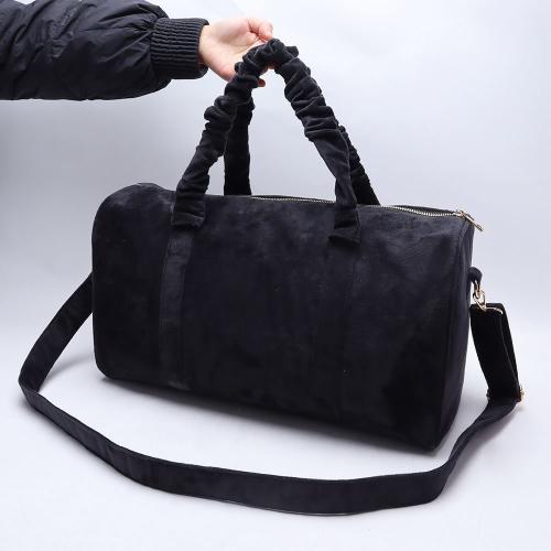 Keymay Custom Fashion Women High Quality Winter Velvet Terry Travel Bag Shoulder Weekender Gym Tote Ruffle Duffel Bag