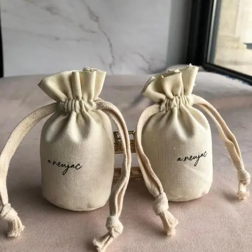 Small Cotton Linen Packaging Pouches Round Bottom Cotton Linen Drawstring Travel Pouch