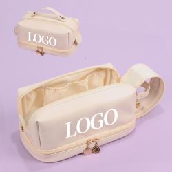 customized pu leather travel toiletry pouch large double layer makeup brush organizer cosmetic bags with handle