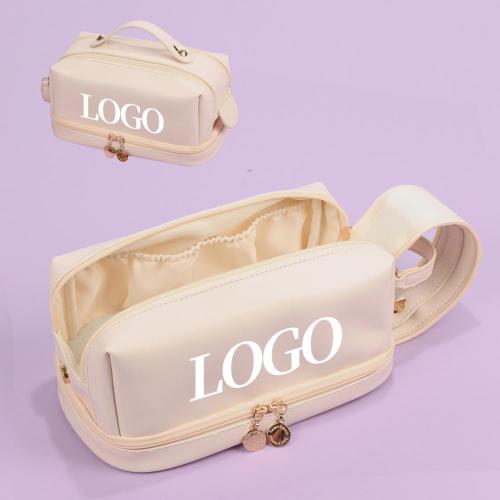 customized pu leather travel toiletry pouch large double layer makeup brush organizer cosmetic bags with handle