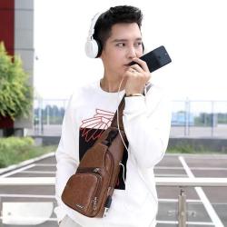 New men's USB charging anti-theft chest bag leisure retro pu leather shoulder bag men's outdoor cycling sports crossbody bag