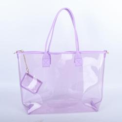 Keymay New Style Custom Logo Pvc Shoulder Shopping Bag Women Travel Beach Bag Purple Clear Tote Bag Transparent Pvc