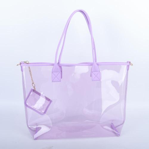 Keymay New Style Custom Logo Pvc Shoulder Shopping Bag Women Travel Beach Bag Purple Clear Tote Bag Transparent Pvc