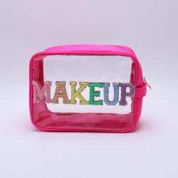 Keymay Stock S M L XL 4 Size Hot Pink Nylon Storage Bag DIY Patches Makeup Bag Zipper Waterproof Portable Clear Vanity Case