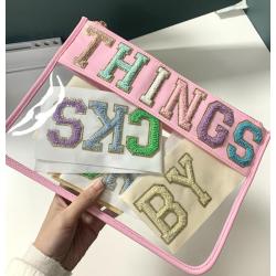 RTS Travel Snacks Chenille Patch Flat Nylon Transparent Cosmetic Makeup Clear Pouch With Zipper Nylon Pouch Bag
