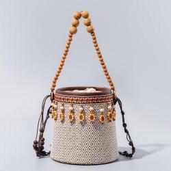 New Arrival Niche Bucket Bags Women Handbags Purse Ladies Casual Shoulder Straw Beach Bag Small Handbags Wooden Bead For Holiday