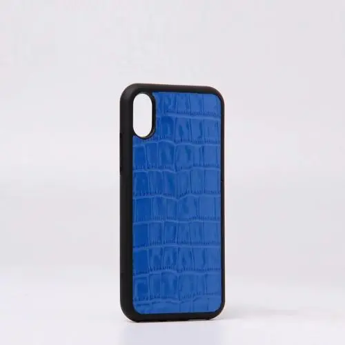 Custom Made Luxury Blue Embossed Faux Crocodile Genuine Cowhide Leather Cell Phone Case For Iphone X 11 12 13 14 15 Pro Max