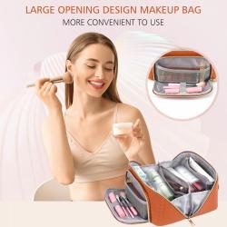 Large Travel-Friendly Leather Cosmetic Bag with Strap Portable Waterproof Anti-Dust Opens Flat for Women Makeup Cases
