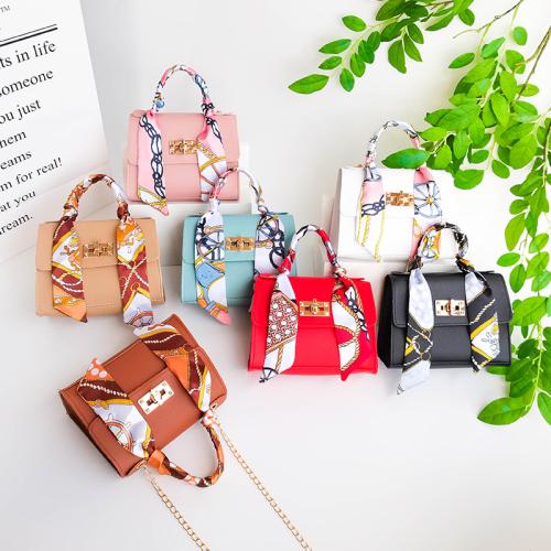 Women's Autumn New Silk Scarf Handbag Pu Leather Solid Color Shoulder Bag Chain Lock Small Square Bag