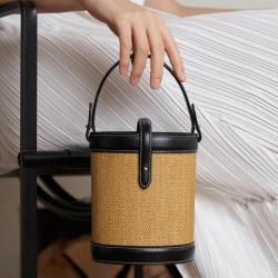2023 Fashion Trend Pu Leather With Straw Bucket Shape Women Purse Custom Logo And Color Luxury Cross Body Bag Hand bag