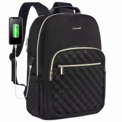 LOVEVOOK Stylish Quilted Backpacks Purse Business Work Travel College Bookbag with USB Black 15.6 inch Laptop Backpack for Women