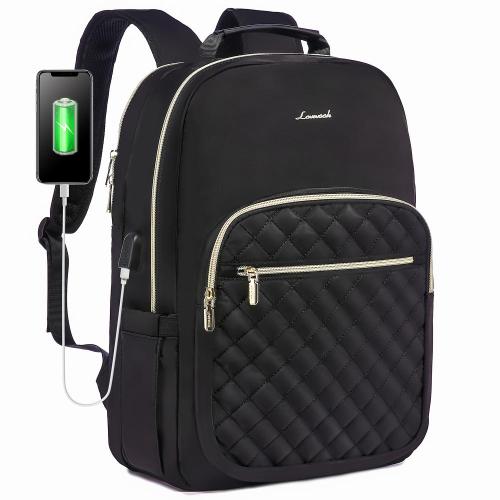 LOVEVOOK Stylish Quilted Backpacks Purse Business Work Travel College Bookbag with USB Black 15.6 inch Laptop Backpack for Women