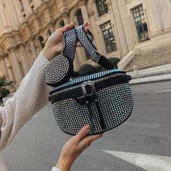 2024 new rhinestone silver leather bag women shoulder bag upgrade fashion atmosphere semi-oval handbag