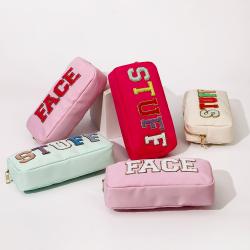 Keymay Stock Fashion Makeup Bag Organizers Embroidered Letter Patches Cosmetic Pouch Nylon Personalized Toiletry Bag