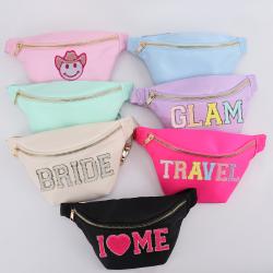 Keymay RTS Stock Custom Logo Embroidery Chenille Varsity Letter Patches Crossbody Purse Women Waist Bag Custom Fanny Pack