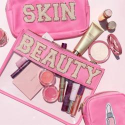 Low MOQ Stock Wholesale Travel Snacks Embroidered Letter Makeup Organizer Pouch Personalized Chenille Patches Pvc Cosmetic Bag