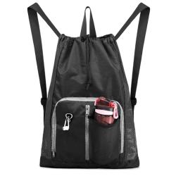 Gelory Black Reusable And Durable Polyester Drawstring Gym Bag Folding Into Pouch Lightweight Sports Drawstring Backpack
