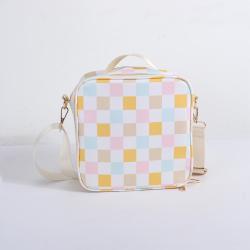 Keymay Custom Logo Color Plaid Kids Lunch Box Insulated Soft Bag Mini Cooler Back to School Nylon Shoulder Cooler Bags for Lunch