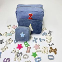 Keymay Custom High Quality Embroidery Chenille Patches Travel Pouches Large Capacity Makeup Bag Cosmetic Denim Cosmetic Bag