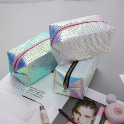 Wholesale Dazzling Color Laser PU Cosmetic Pouch Travel Portable Shiny Glitter Square Makeup Bag Waterproof