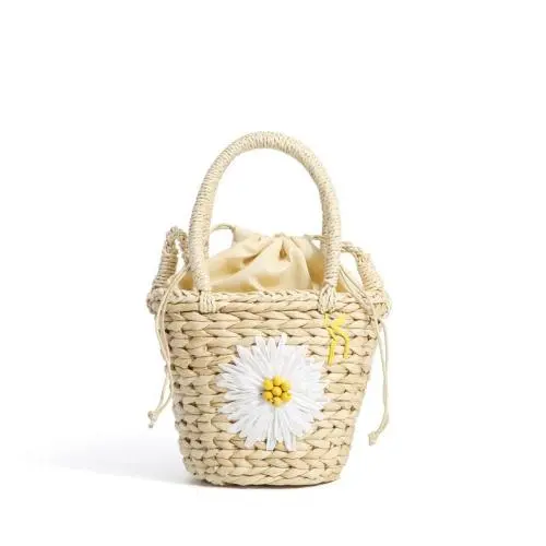 2024 Spring And Summer New Women'S Bag Small Daisies Embroidered Straw Handbag Pastoral Wind Bucket Bag Shoulder Crossbody Bag