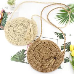 Bolsos New Fashion Zipper Straw Bag Hand-made Paper Rope Cross Body Bag Round Tassel Weave Bag