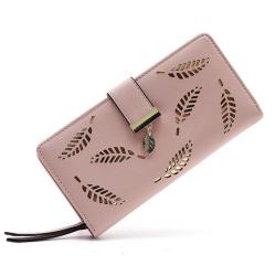 HR490 Women's PU Leather Purse New Wallet Long Fashion Handbag Hollow Leaf Decoration Zipper Buckle Wallet Clip Coin Holders