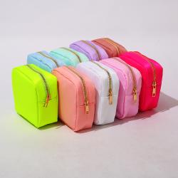stock New candy color nylon pouch cosmetic bag can be customized Neon make up bag with Chenille letter patches
