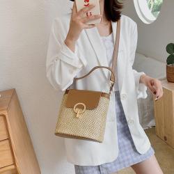 2024 New Lockbuckle Grass Woven Bags for Women Casual Simple Handbag Bucket Bag Elegant and Simple Single Shoulder Crossbody Bag
