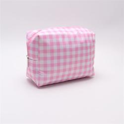 Keymay Custom Wholesale Pink Cosmetic Bag Travel Organizer Zipper Pouch Plaid Checkered Makeup Bag