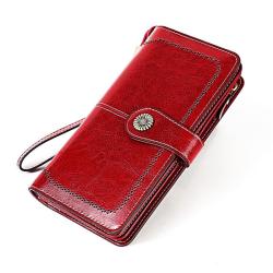 Oil Wax Genuine Leather RFID Protection Long Design Women Wallet Retro Multi Card Hollow-carved Wallets