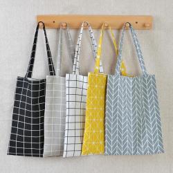 Gelory Fashion Durable Women Student Cotton Linen Single Shoulder Bag Shopping Tote Check Plaid Female Flax Canvas Shopping Bags