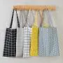 Gelory Fashion Durable Women Student Cotton Linen Single Shoulder Bag Shopping Tote Check Plaid Female Flax Canvas Shopping Bags