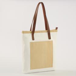 Custom Low MOQ Beige With Inner Pockets High Quality Zipper Long Handle Premium Work Large College Canvas and Leather Bags