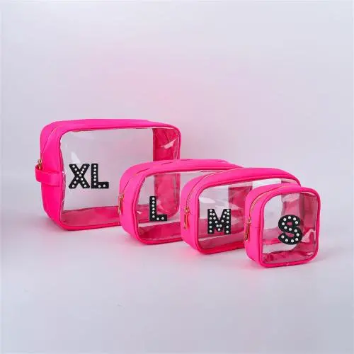 Keymay RTS Fast Shipping Personalized Letter Patch Waterproof Pvc Clear Pouch with Zipper Makeup Bag Pvc Makeup Bag Transparent