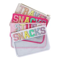 Factory Low MOQ Letter Embroidered Waterproof PVC Flat Zipper Pouch Cosmetic Organizer Travel Cosmetic Bag Clear Toiletry Bag