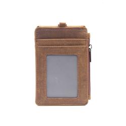 Badge Holder With Zip Vertical Style PU Leather ID Badge Holder with ID Window & Credit Card Pocket & Leather Neck Lanyard Strap