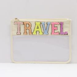 Wholesale Durable PVC Flat Cosmetic Bags Waterproof Nylon Letter Sewn On Beauty Makeup Organizer Women Clear PVC Zipper Pouch