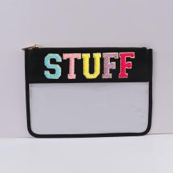 Keymay Custom Gift Low MOQ Sew Embroidery Chenille Varsity Letter Transparent Bags Design Travel Makeup Bag Clear Cosmetic Bag
