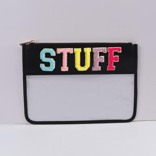 Keymay Custom Gift Low MOQ Sew Embroidery Chenille Varsity Letter Transparent Bags Design Travel Makeup Bag Clear Cosmetic Bag