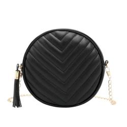 2024 Ladies V-Embroidered Single Sided round Bag with Chains Decoration Simple Fashion Portable Sling Bag