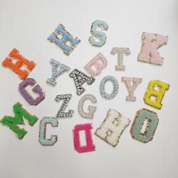 Glitter Chenille 26 Alphabets Self Adhesive Patches 11 Colors Glue Backing Letter Patches for Clothing Hat DIY Letter Patches