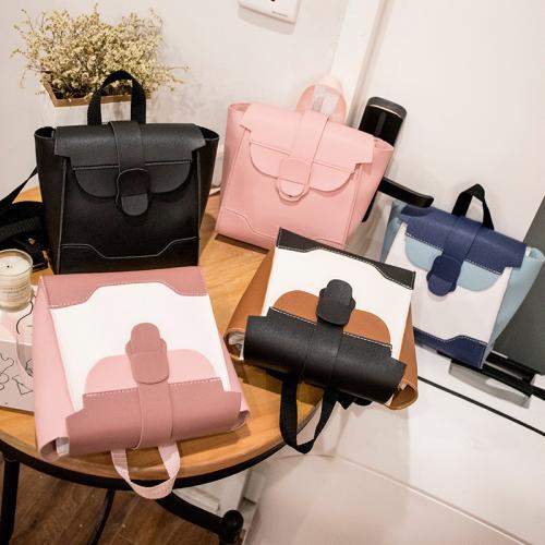 Contrast backpack Mini Backpack Children's Schoolbag Single Shoulder Messenger Bag Zipper Square Button Handbag for Ladies